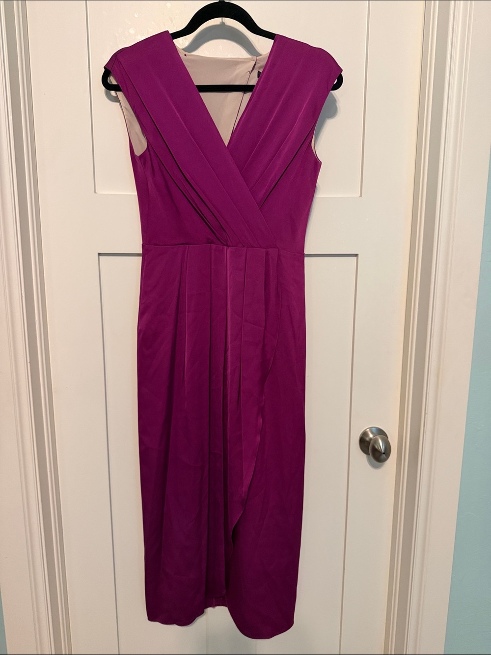 Donna Karan Stretch Silk Blend Magenta Faix Wrap-Style Midi Luxury Dress